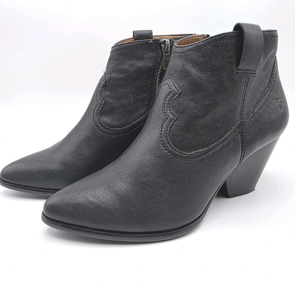 Frye Shoes - FRYE REINA Ankle Booties 7.5 Black Side Zip Cowboy Boots Heel Leather Western